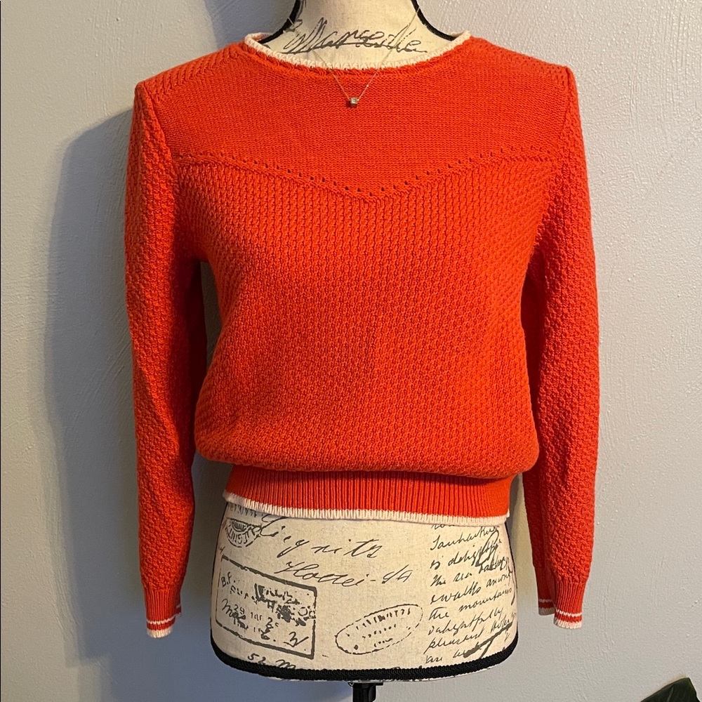 Democracy Orange and Cream Trim Textured Knit Sweater Medium Puff Sleeve